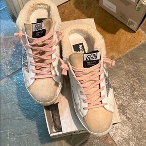 Golden Goose Cream and White Sneakers with Pink Laces